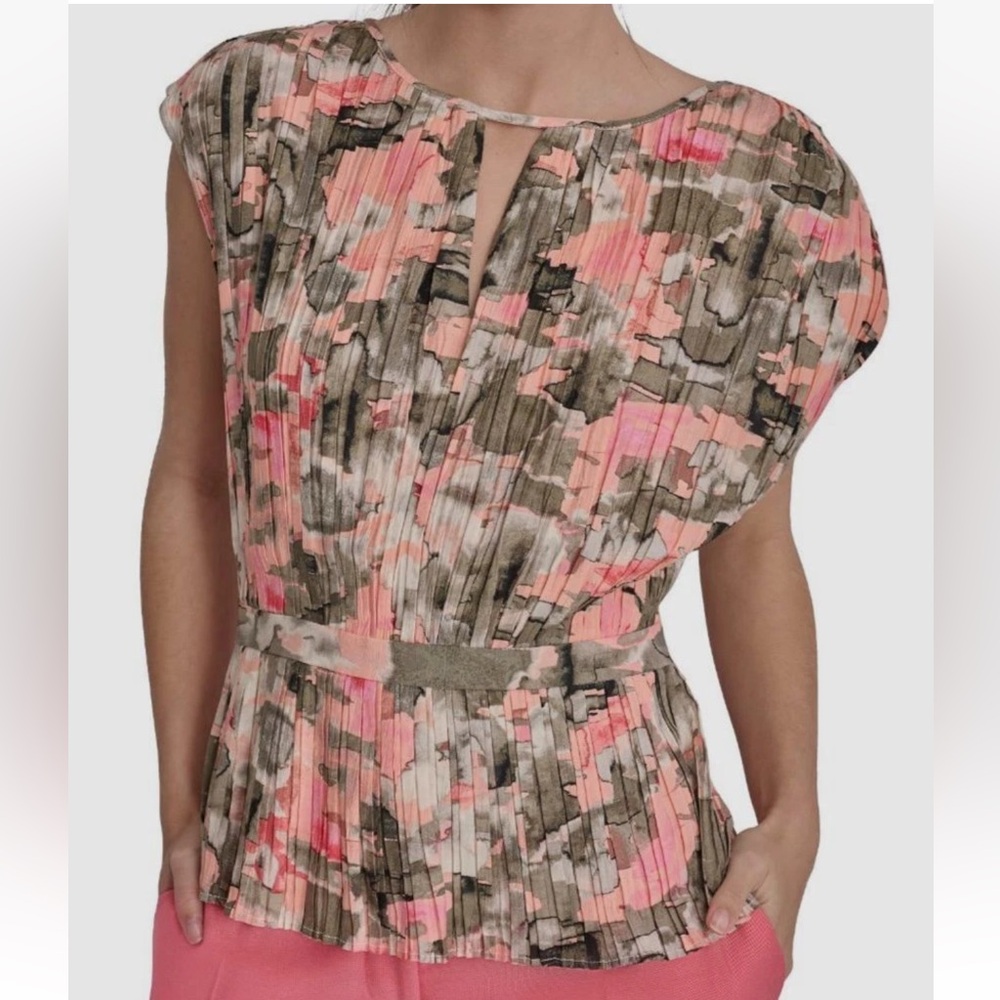 DKNY Women's Pink Printed Crewneck Pleated Blouse Top Size XL - Reemoly